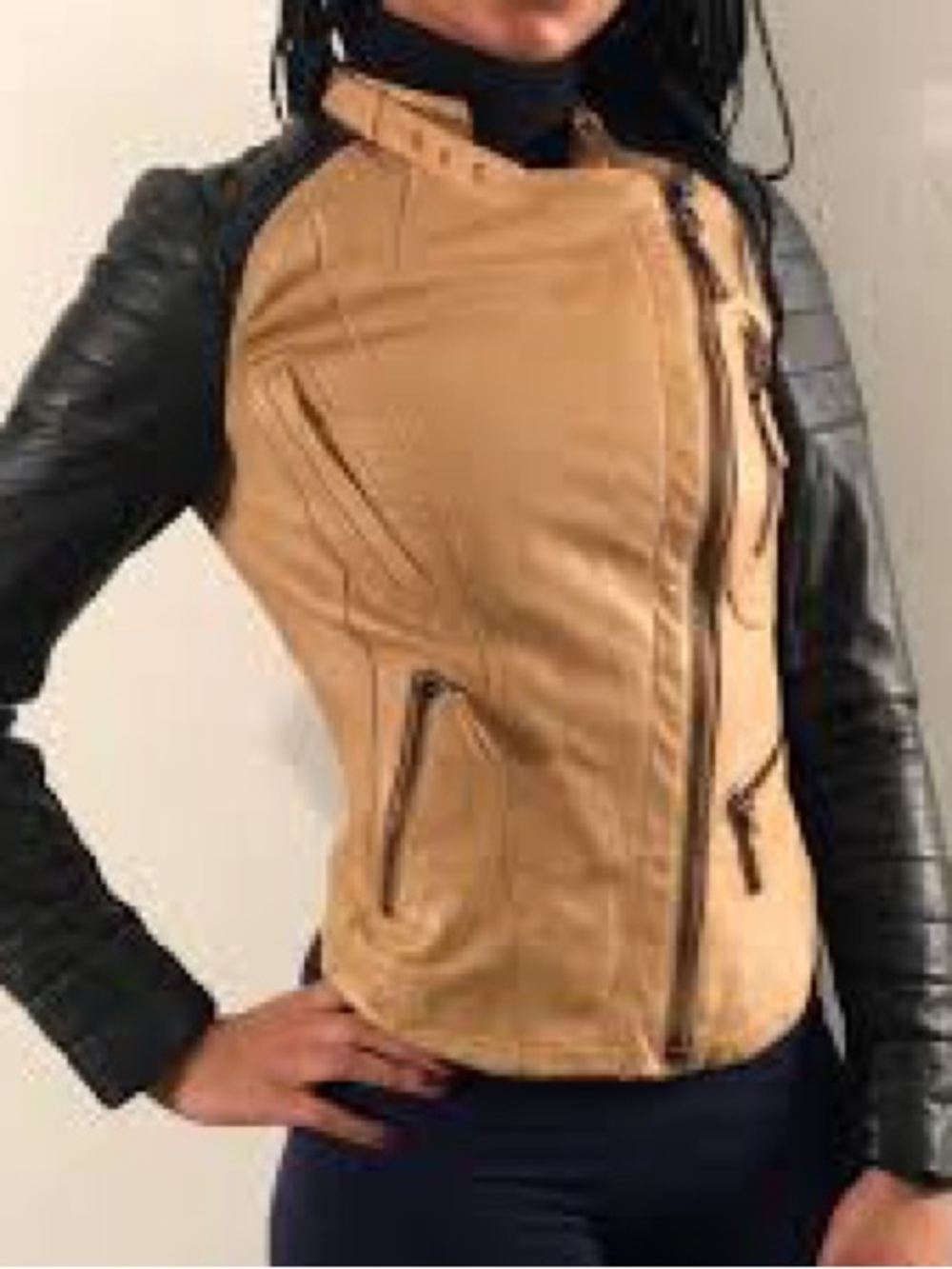 Zara Two Tone Moto Jacket Tan Black Faux Leather Small